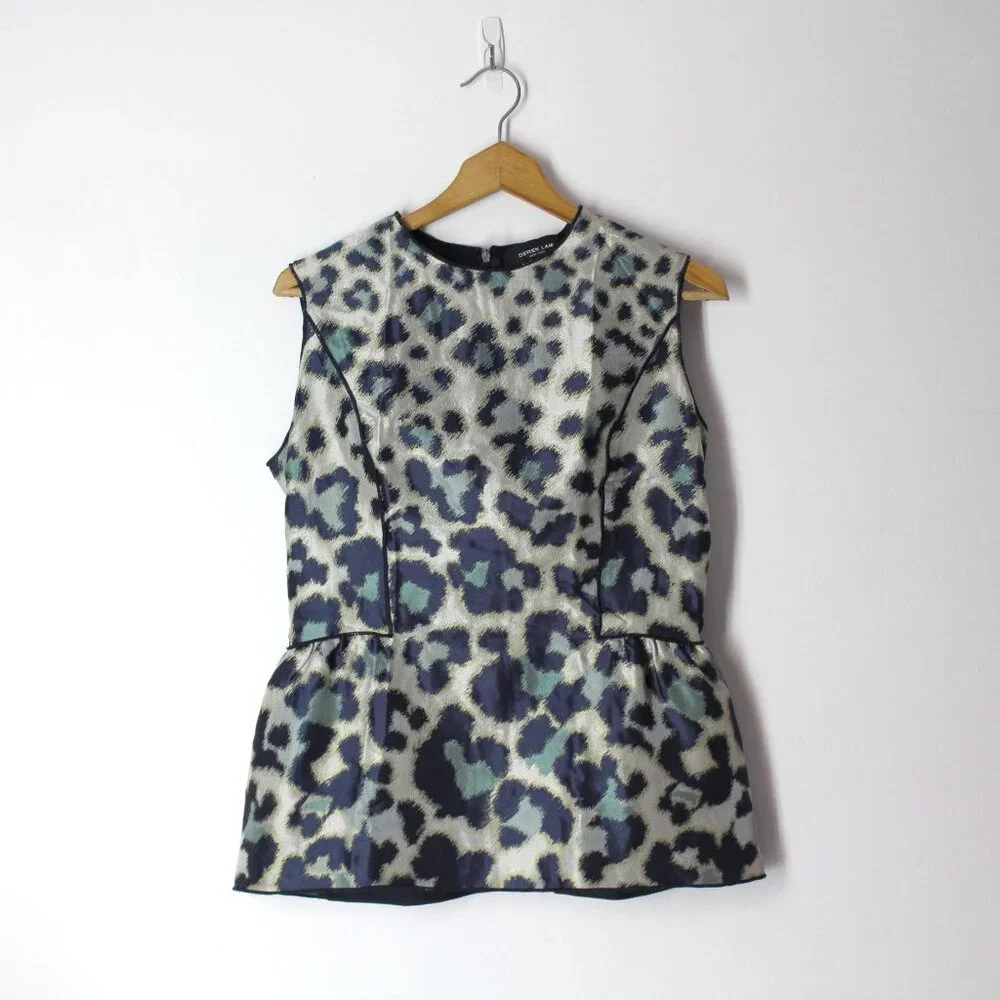 Derek Lam Sleeveless Blouse sz 10 US Silk Brocade blue gray Leopard Print